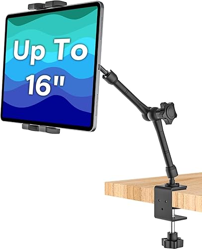Soporte para tablet de 16 pulgadas para escritorio, debajo del gabinete, estante, cama, brazo de metal Soporte ajustable de 360 para tableta