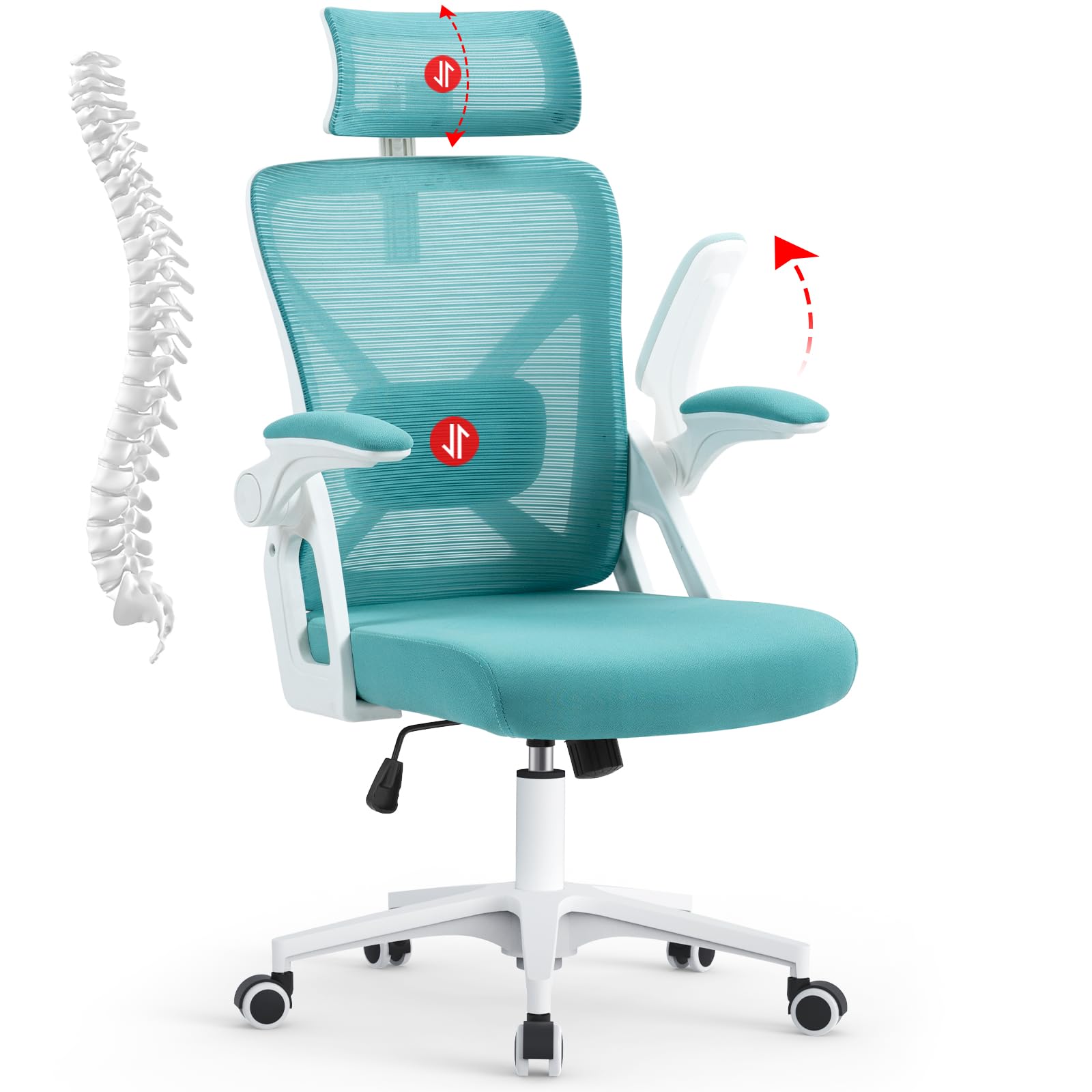 SEATZONE Office Chair, Ergonomic Desk Chair with Adjustable Headrest,Lumbar Support, High Back Mesh Computer Chair with Wheels and Flip-up Armrests,Executive Chairs (Blue-Green)