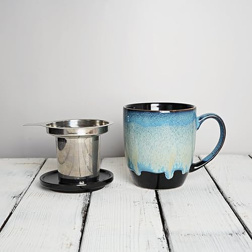 Miniatura 6 de Bosmarlin Taza de té de cerámica con infusor y tapa, 16 onzas, taza de té con colador, apta para microondas y lavavajillas, esmalte reactivo (16