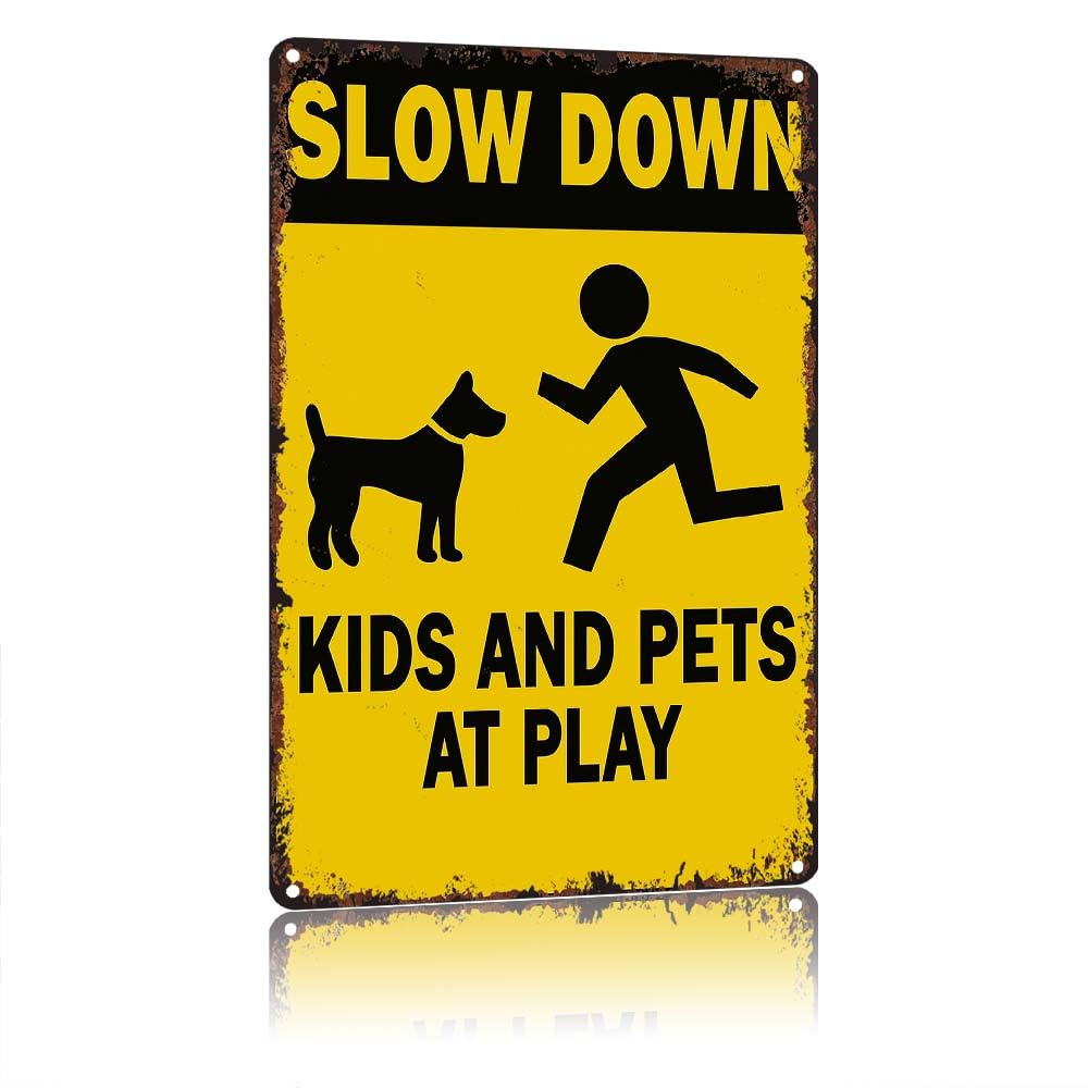 peiyeety SLOW DOWN KIDS AND PETS AT PLAY Vintage 12X8 Inch Aluminum Metal Sign, Warning Wall Decor for Street Driveway Neighborhood Outdoor Yard Garden Garage, Rustic Decorative Metal Tin Sign