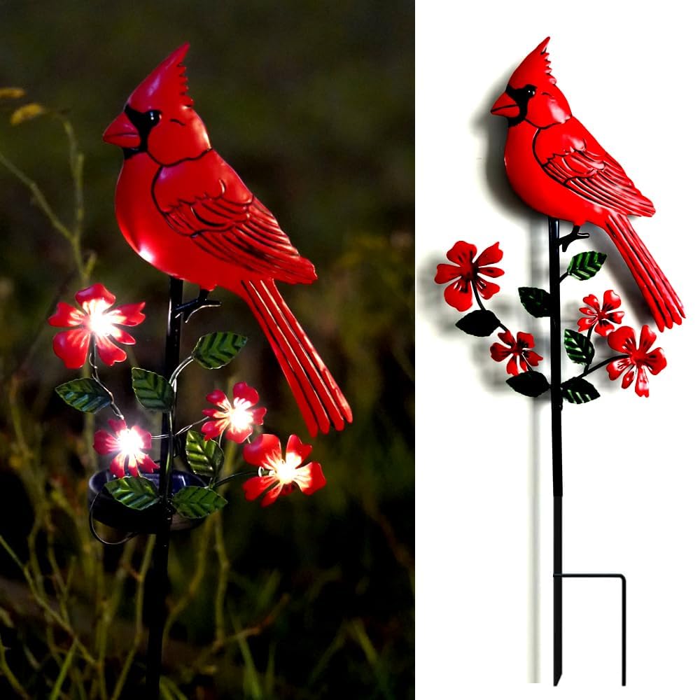 Cardinal Decor Garden Stake,Solar Metal Red Cardinal, Cardinal Bird Figurine Lights with Powered LED Garden Outdoor Decor for Balcony, Yard, Lawn, Pathway, Walkway