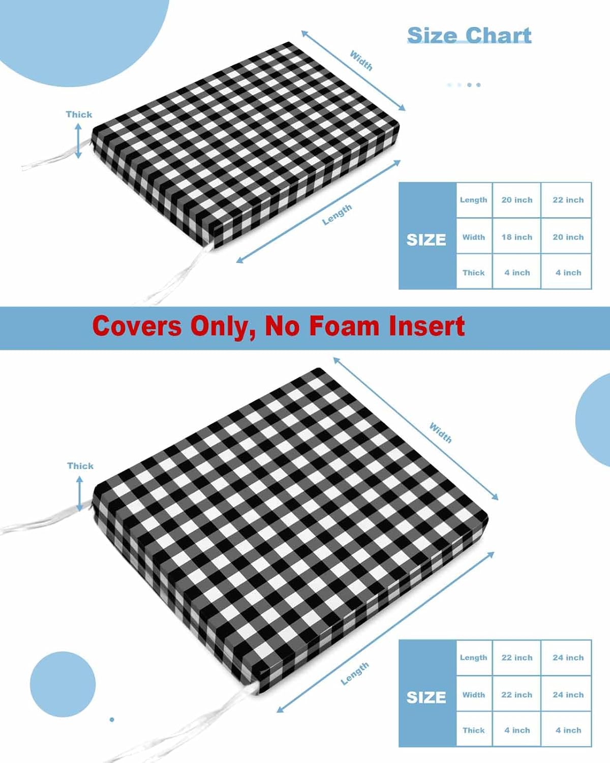 Outdoor Waterproof Cushion Covers Black White Buffalo Check Replacement Stretch Seat Slipcover for Patio, Classic Plaid Stripes Chair Couch Sofa Covers Furniture Protector Set of 2,20x18IN
