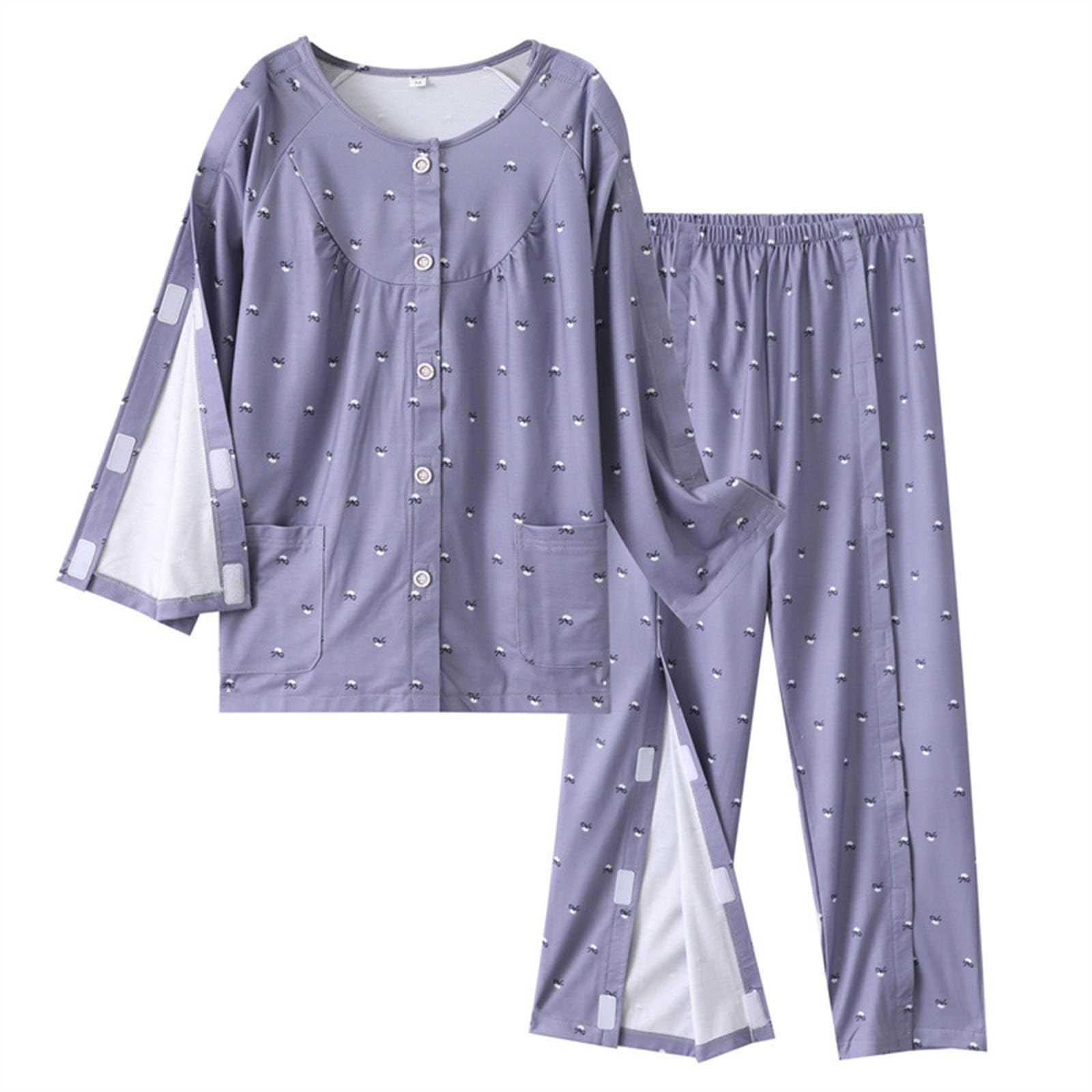 Paquete de 2 pijamas para mujer, cómodos conjuntos de pijama para mujer, ropa de rehabilitación postoperatoria, cómodo conjunto de pijama con bolsillos, cuello redondo, pantalones de pierna recta,