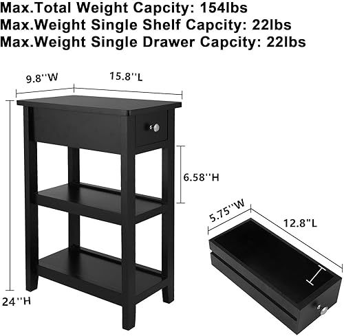 Miniatura 2 de SEJOV Mesa auxiliar, mesita de noche negra de 3 niveles con cajón y 2 estantes, con aspecto de madera, mesas auxiliares estrechas, sala de estar,