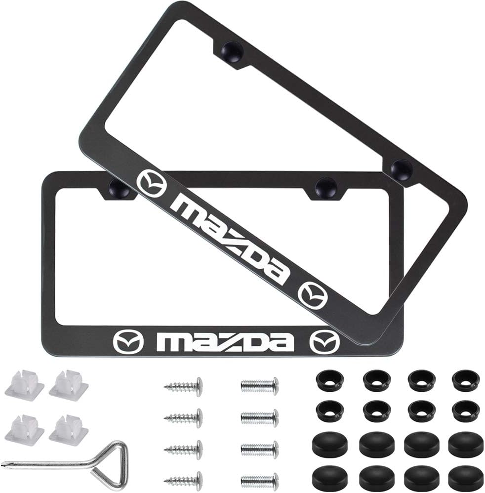 2pcs Stainless Steel License for Mazda, Plate Frame with Screw Caps Cover Set, Matte Black