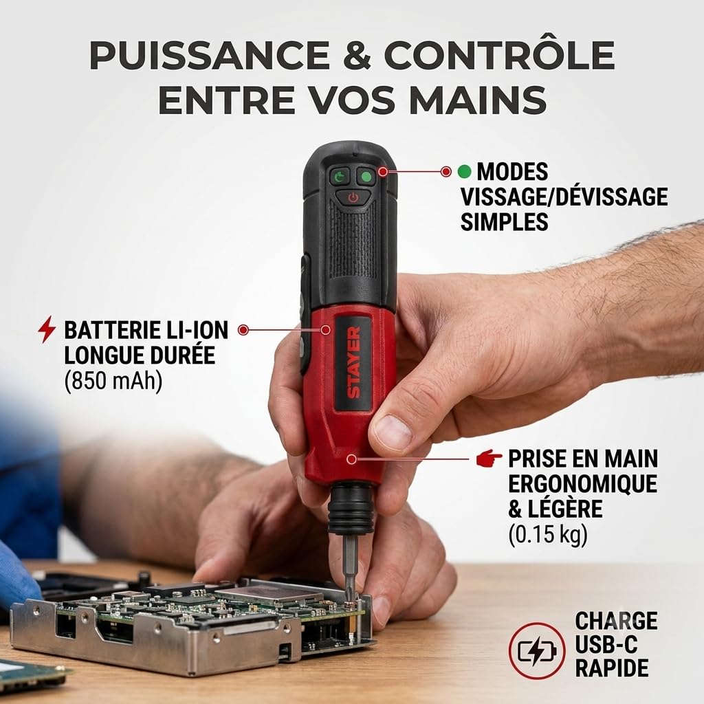 Tournevis sans fil 3.6V PRO 36 – Batterie intégrée – Recharge USB-C – 7 embouts inclus – Mandrin hexagonale 6.35mm – 280 tr/min – Couple 1.2Nm – LED – Mallette de transport – Léger 0.15kg