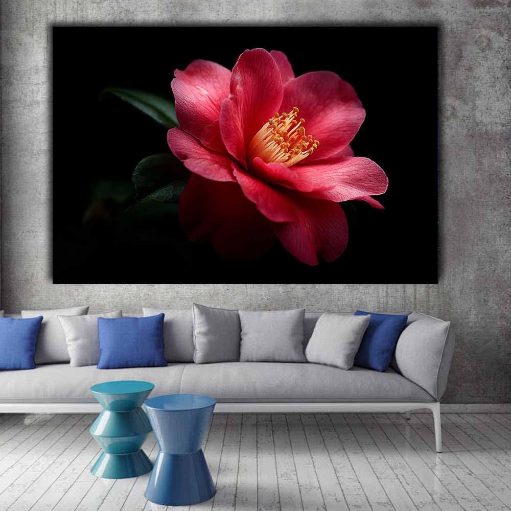 ZAMAEIU Peintures de paysages naturels Fleurs à étamines grandes peintures de paysages modernes pour salon, chambre, salle de bain, salle à manger(rouge)-60x90cm Encadrée