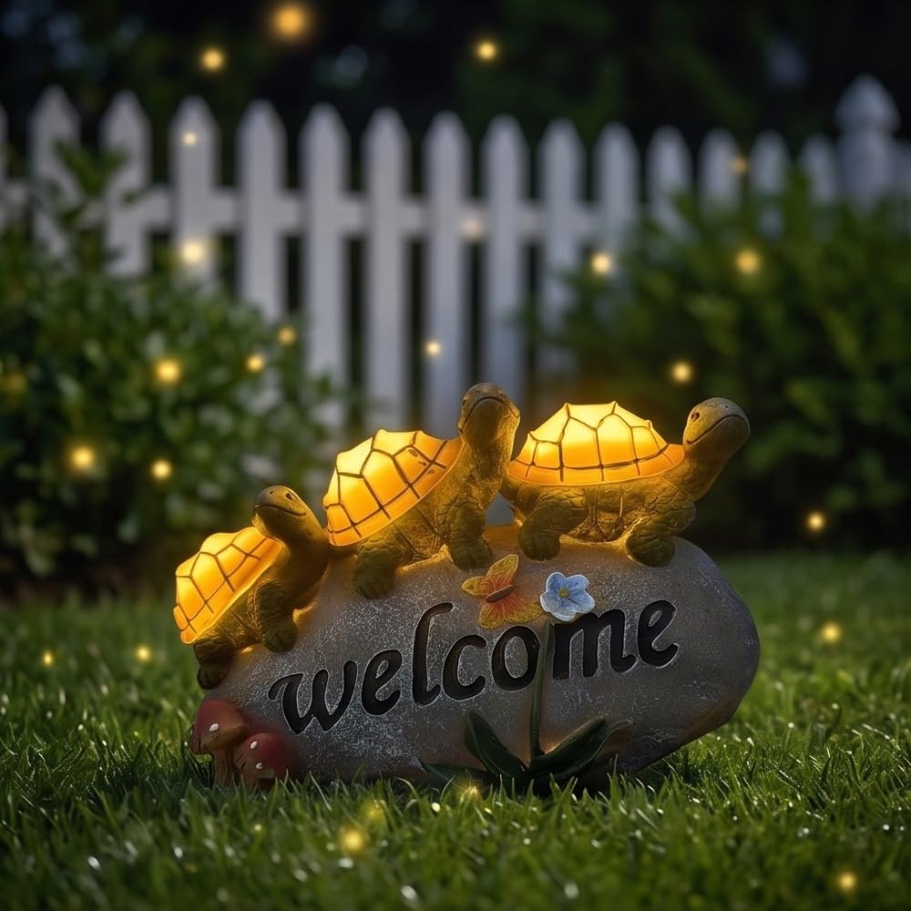 Shildkröte Deko Solar, Solar Gartenfigur Schildkröte, Gartenfiguren für Draußen Wetterfest mit 3 LED Lichtern für Mama/Frauen, Balkon Teich Terrasse Deko