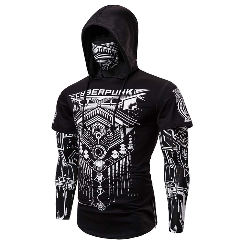 Zhiyao Heren vintage hoodie herfst winter hoodie cyberpunk sweatshirt masker hoodies top lange mouwen pullover T-shirt, zwart, L