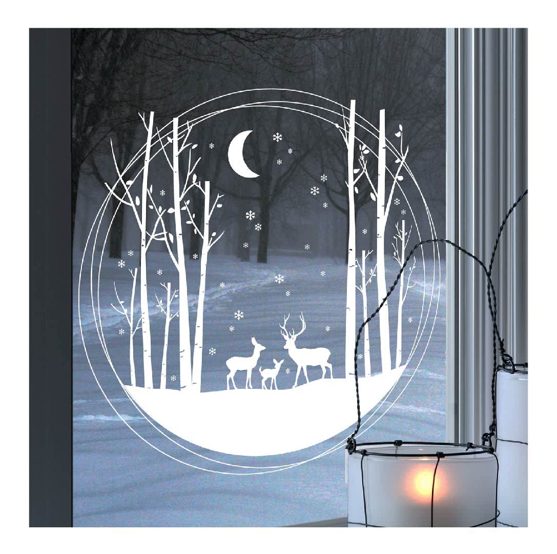 Ring Scandi Stag Birch Tree Forest Scene Winter Window Sticker Static Cling Non Sticky Christmas Decoration - S (38 cm)