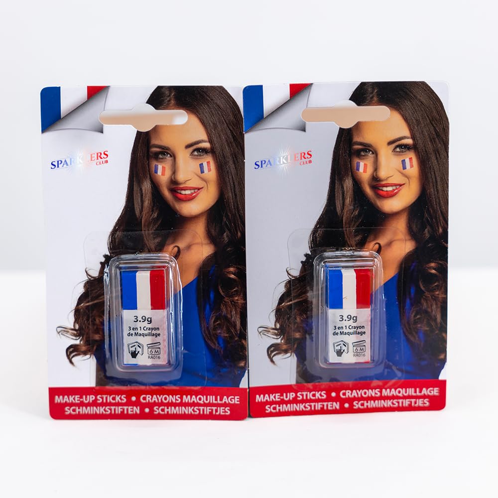 Maquillage Tricolore x2 Bleu Blanc Rouge en Stick pour Supporter de l'équipe de France - Simple d'Utilisation, Idéal pour Supporter l'équipe de France pendant la Coupe du Monde de Rugby Football