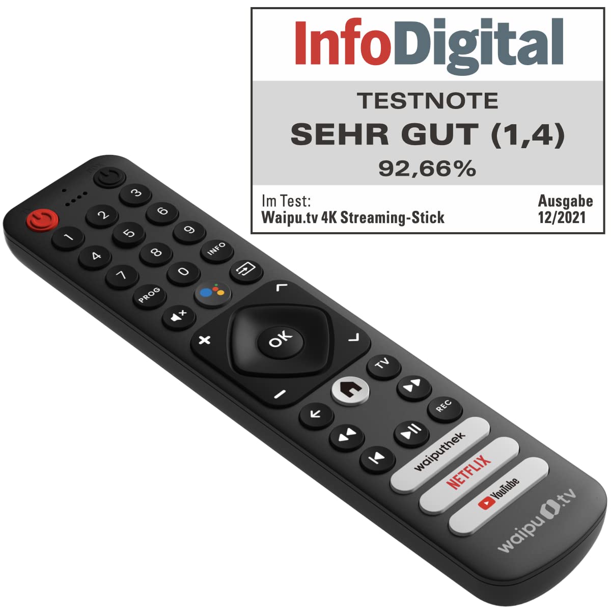 waipu.tv 4K Stick (1. Generation) Fernbedienung Schnellwahltasten Fernsehen WLAN HDMI 4K HDR Dolby Atmos Voucher 3 Monate 300 TV-Sender 40.000 Filme Serien