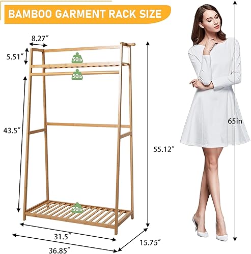 Miniatura 19 de Estante de bambú para ropa de 7 niveles, estante de almacenamiento para colgar ropa, organizador portátil de armario con estante superior, estantes