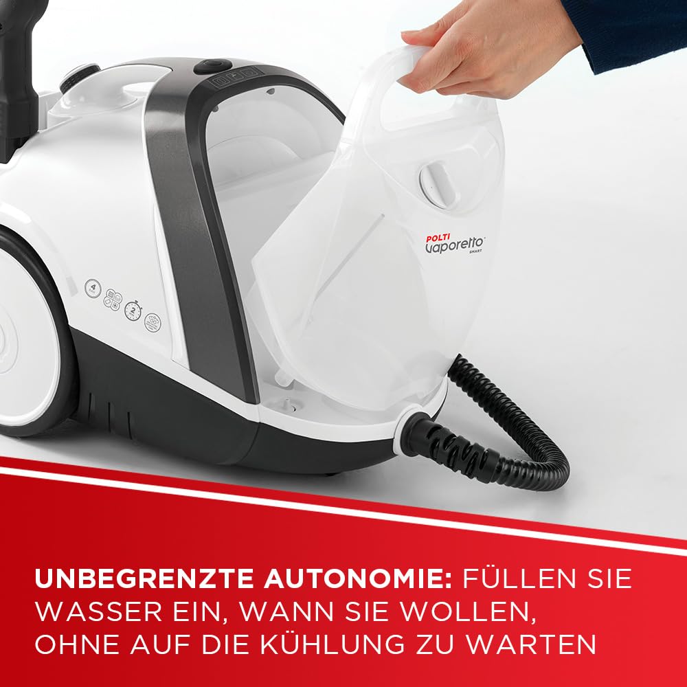 Polti Vaporetto Smart 120, Dampfreiniger mit Kessel, 4 bar Druck, maximale Leistung 1500 W, herausnehmbarer 2-Liter-Tank, Aufheizzeit 2 Minuten, 14 Zubehörteile inklusive, Weiß und Schwarz
