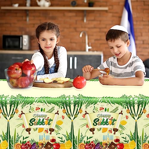 Image of CMUSKO Sukkah Sukkot Tablecloth - Disposable Happy Sukkot Decorations Plastic Tablecloth, Jewish Holiday Party Decorations 3pcs Etrog Lulav Decor Table Cover, Jewish Table Supplies, 108 x 180 cm