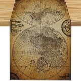 FARMNALL Linen Vintage Old World Map Table Runner Retro Nautical Map of World Room Decor Sailboat Ta
