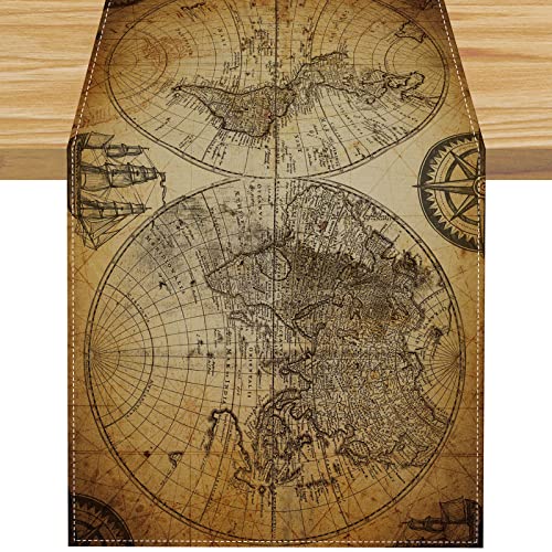 Farmnall Linen Vintage Old World Map Table Runner Retro Nautical Map Of World Room Decor Sailboat Tablecloth Retro Compass Decorative 13X72 Inch #TOP19