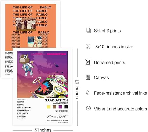 Miniatura 2 de DIDIDO Kanye - Póster de West para álbum, con impresión limitada, pósteres musicales de rapero, lienzo, arte de pared, juego de 6 para decoración de