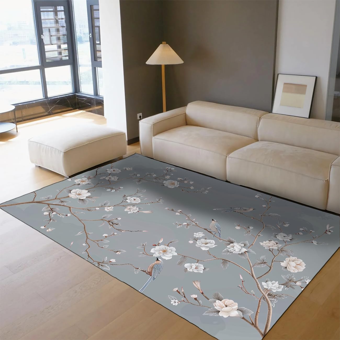 Tapis chinois salon 180x270 cm gris avec motifs de fleurs et oiseau pour la chambre