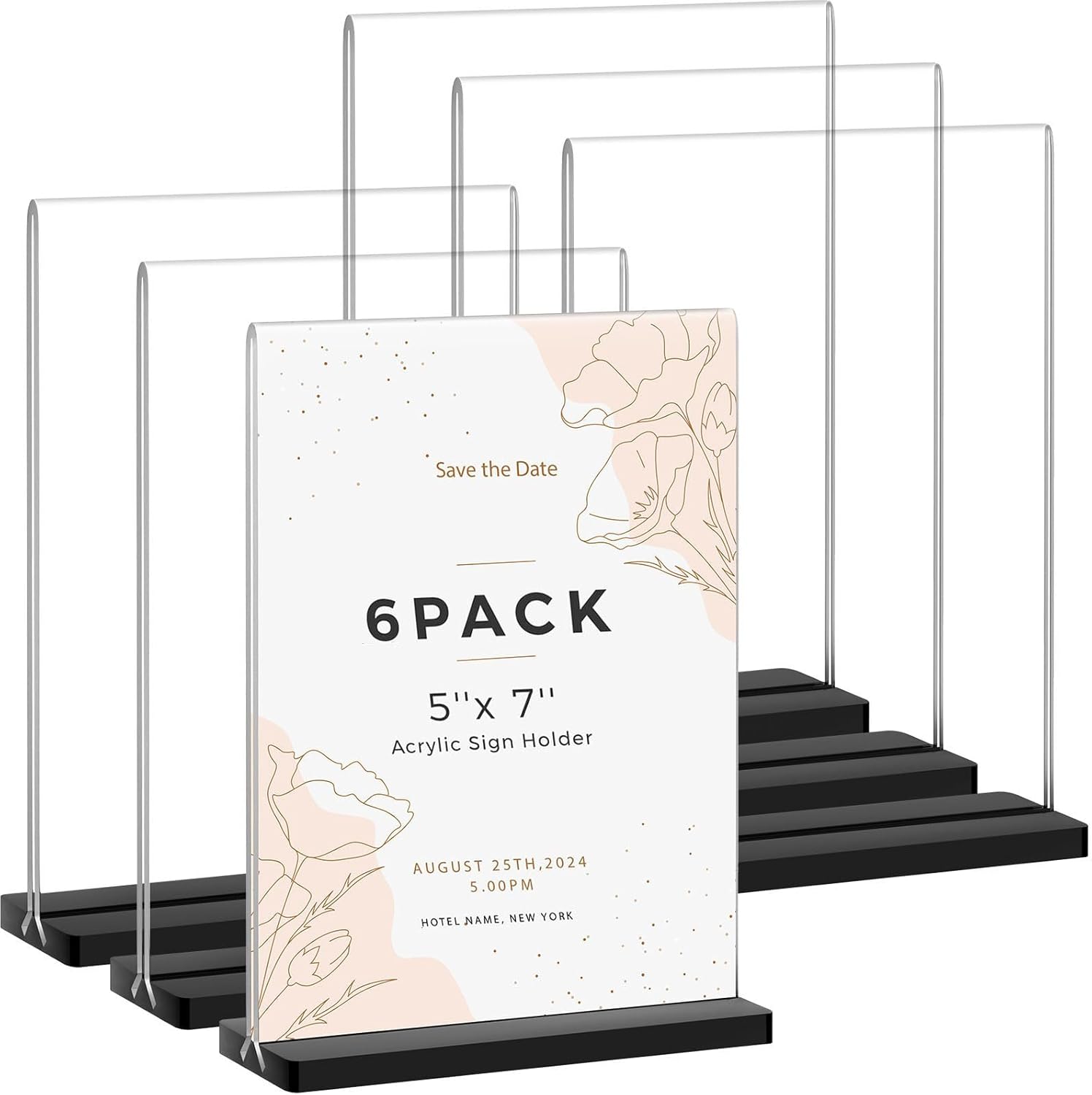 Acrylic Sign Holder 5x7, 6 Pack Double Sided Clear Display Stand with Black Base, T-Shape Table Number Holders, Plastic Picture Frames, Flyer Menu Brochure Sign Holder for Office, Show Fair, Restaurants Black 6 Pack-5x7