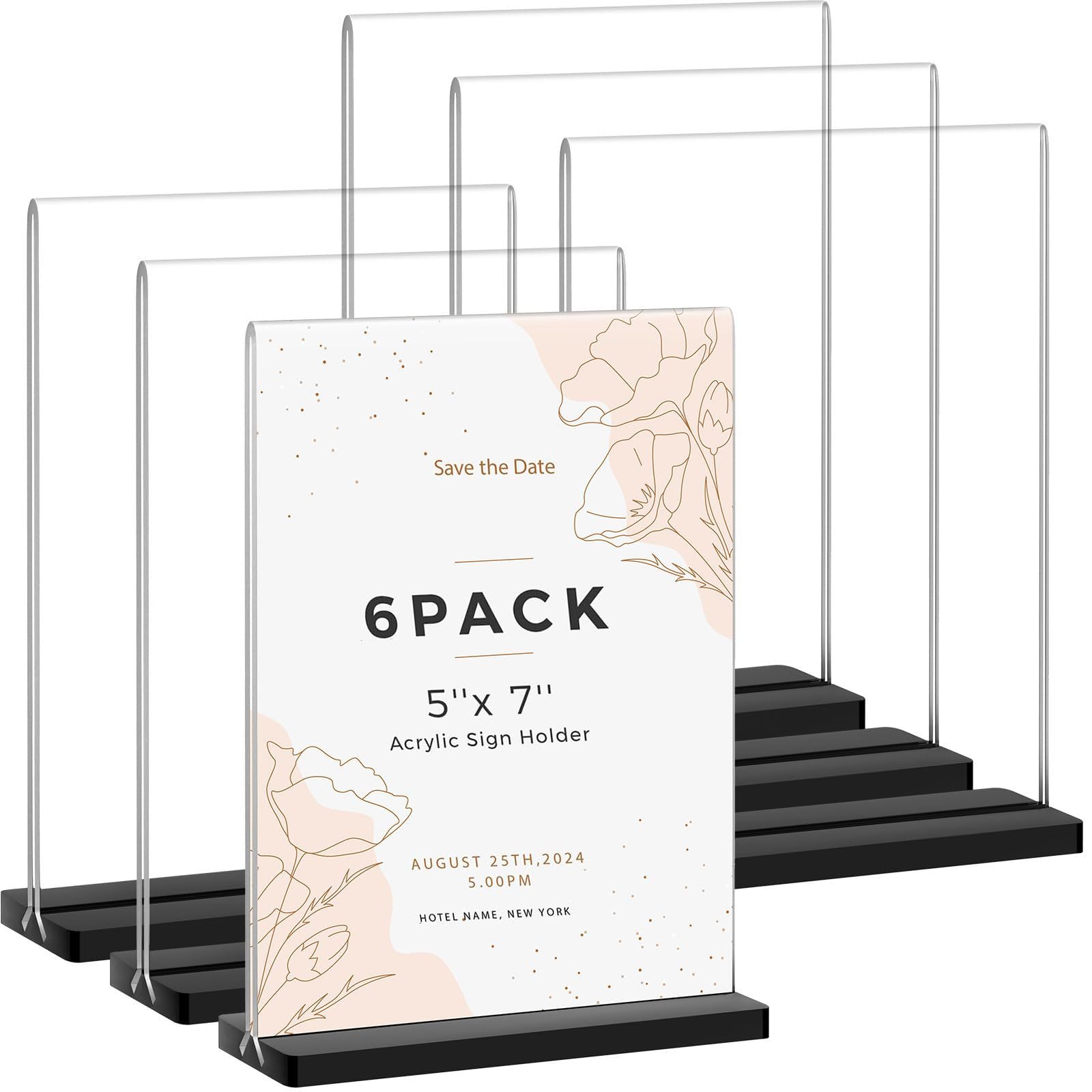Acrylic Sign Holder 5x7, 6 Pack Double Sided Clear Display Stand with Black Base, T-Shape Table Number Holders, Plastic Picture Frames, Flyer Menu Brochure Sign Holder for Office, Show Fair, Restaurants
