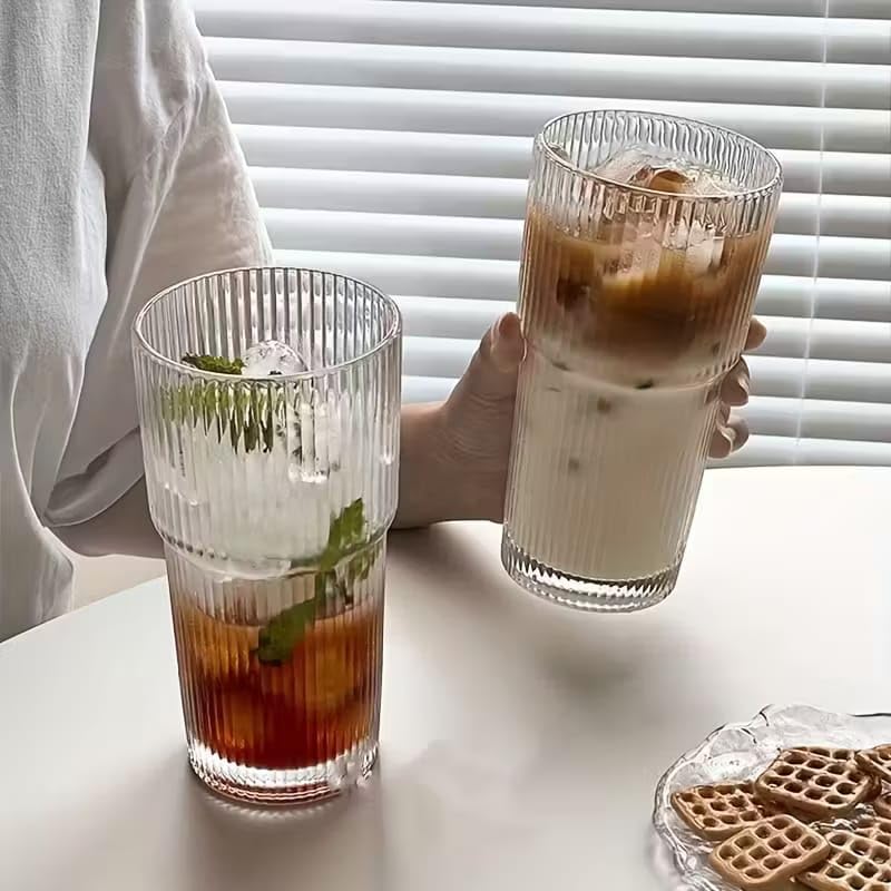 Image of PrimeWorld Ribbed Glass Tumblers - 6-Piece Set (350ml Each) | Thickened Highball Glasses for Iced Coffee, Smoothies, Cocktails & Juices | Elegant & Durable Drinkware for Home, Office & Travel