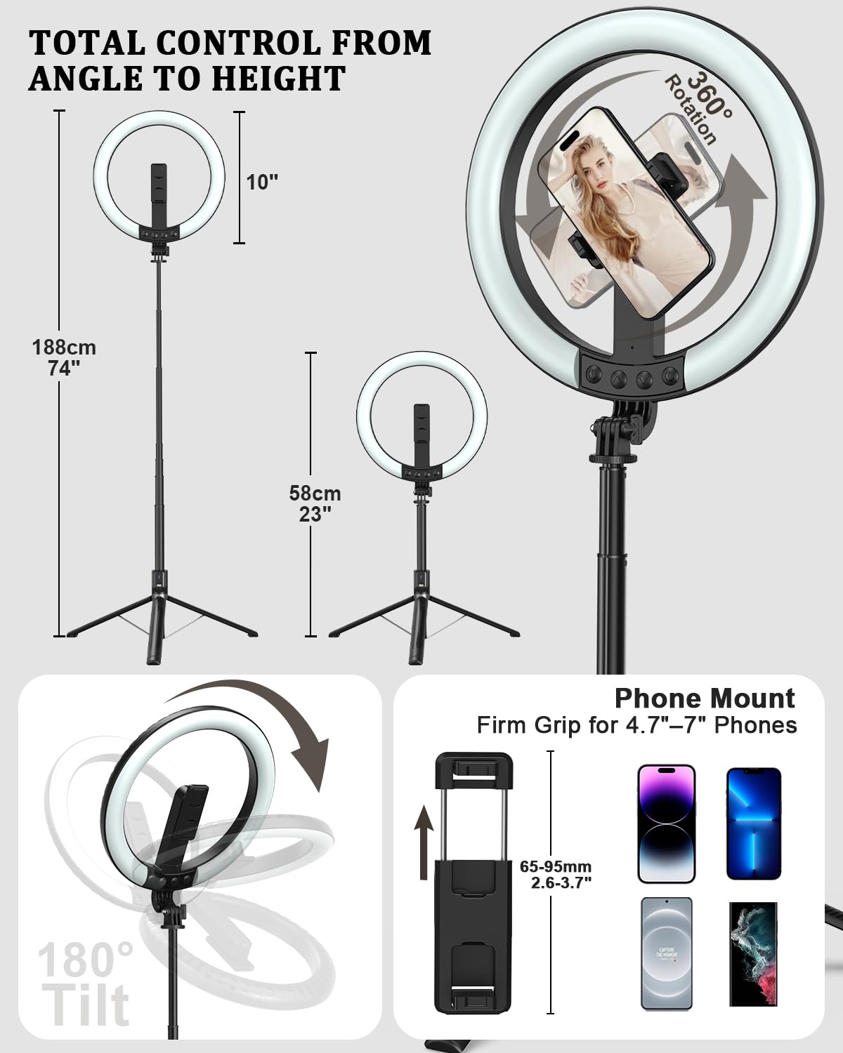 Vlogging Kit for iPhone/Android, 10” Ring Light with Stand, 74” Tripod for iPhone with Light, Microphone, YouTube Starter Kit for TikTok Content Creator: 74"