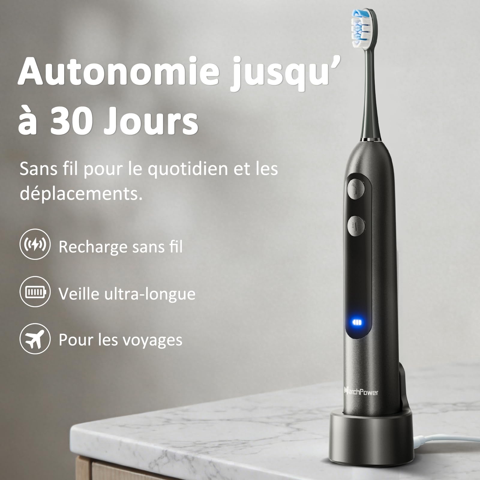 Marchpower Brosse à Dent Electrique avec Jet Dentaire 3 en 1 Oscillation 46° Kit Irrigateur Portable Adulte, 3+3 Modes Nettoyage, Réservoir Magnétique 155ML, 2 Têtes de Rechange, IPX7 Etanche