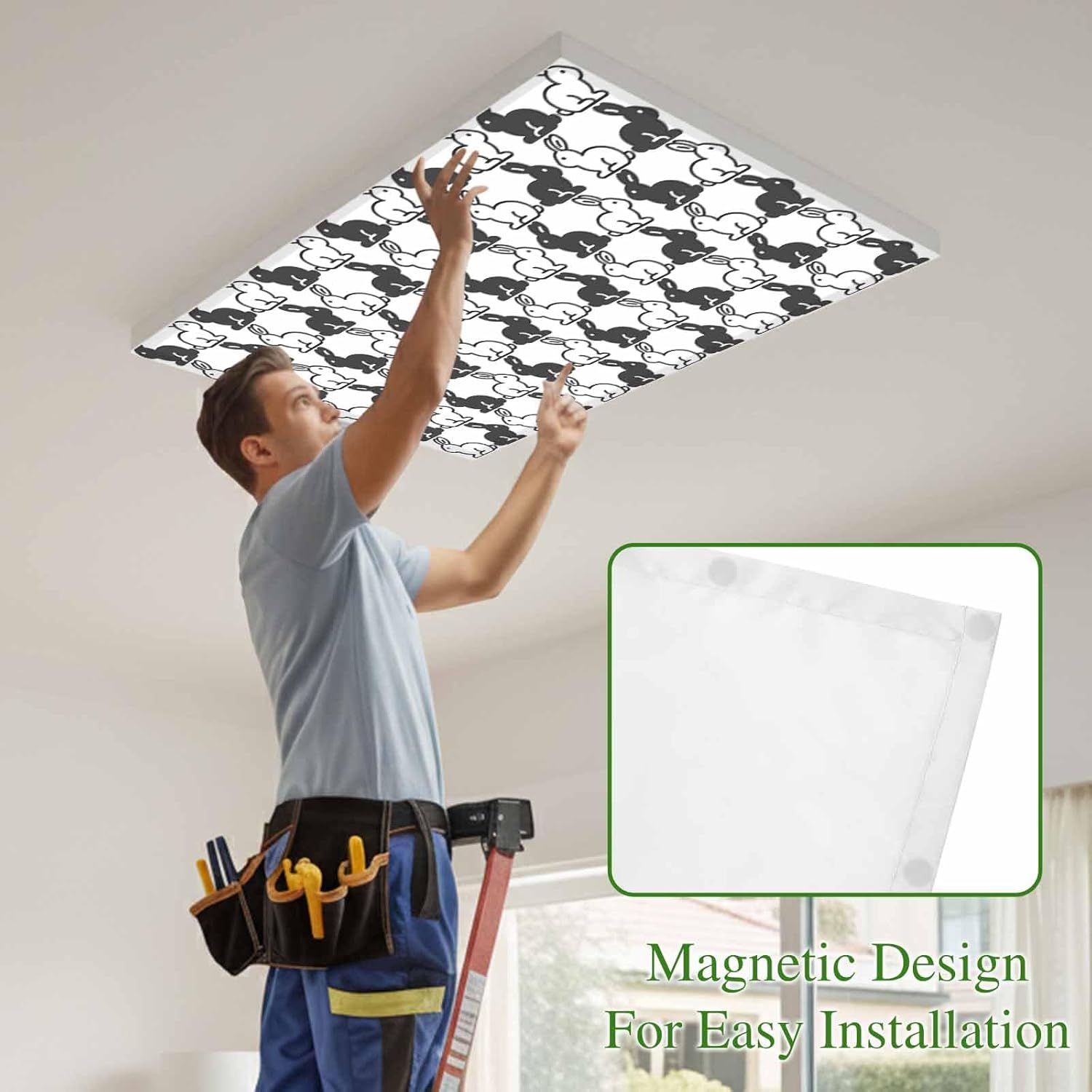 2x4 ft Fluorescent Light Cover for Ceiling Spring Easter Black White Bunny Magnetic Light Filters, Rabbit Silhouette Animal Ceiling Lampshades for Home School Office 4Pcs