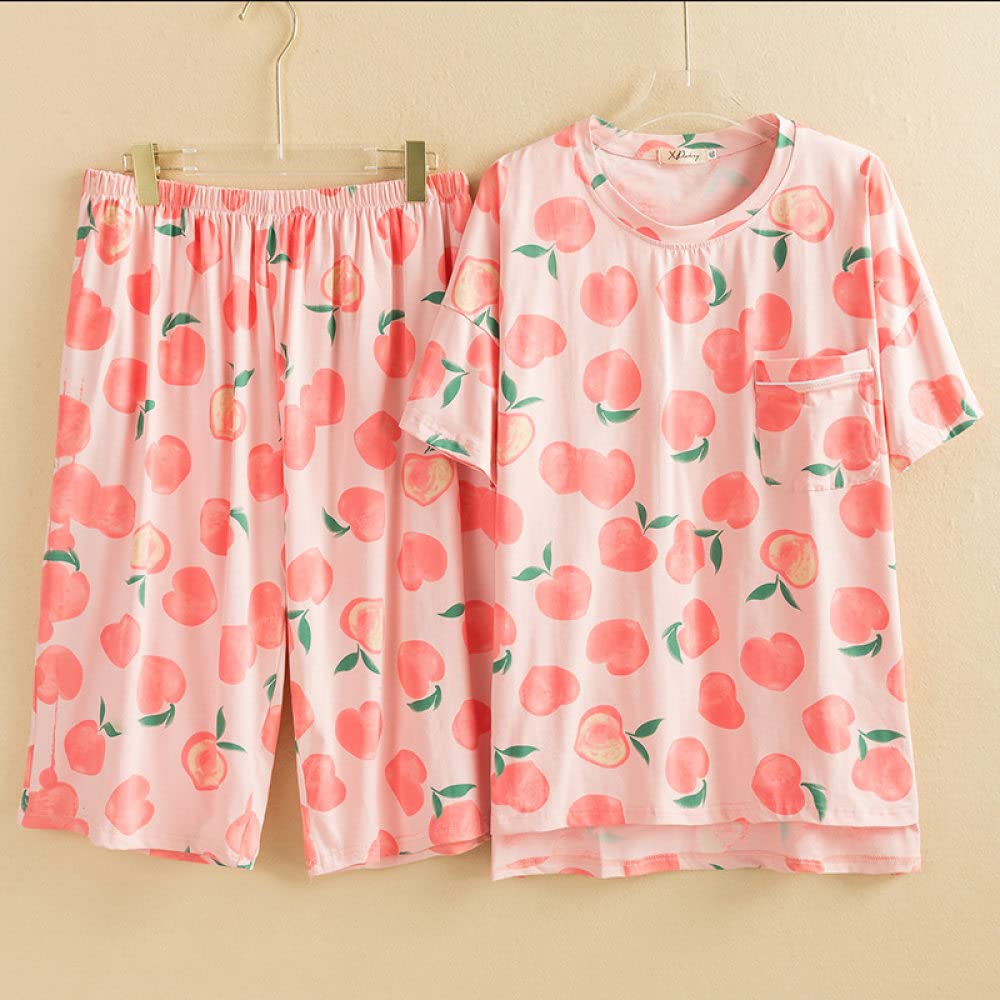 SNPP Pigiama da Donna in Due Pezzi,Set Pigiama da Donna, Maniche Corte Fresche E Pantaloni Corti Plus Size Pigiama A Due Pezzi, Pigiama in Cotone Rosa Pesca Stampa, Regali Pigiama per Ragazze