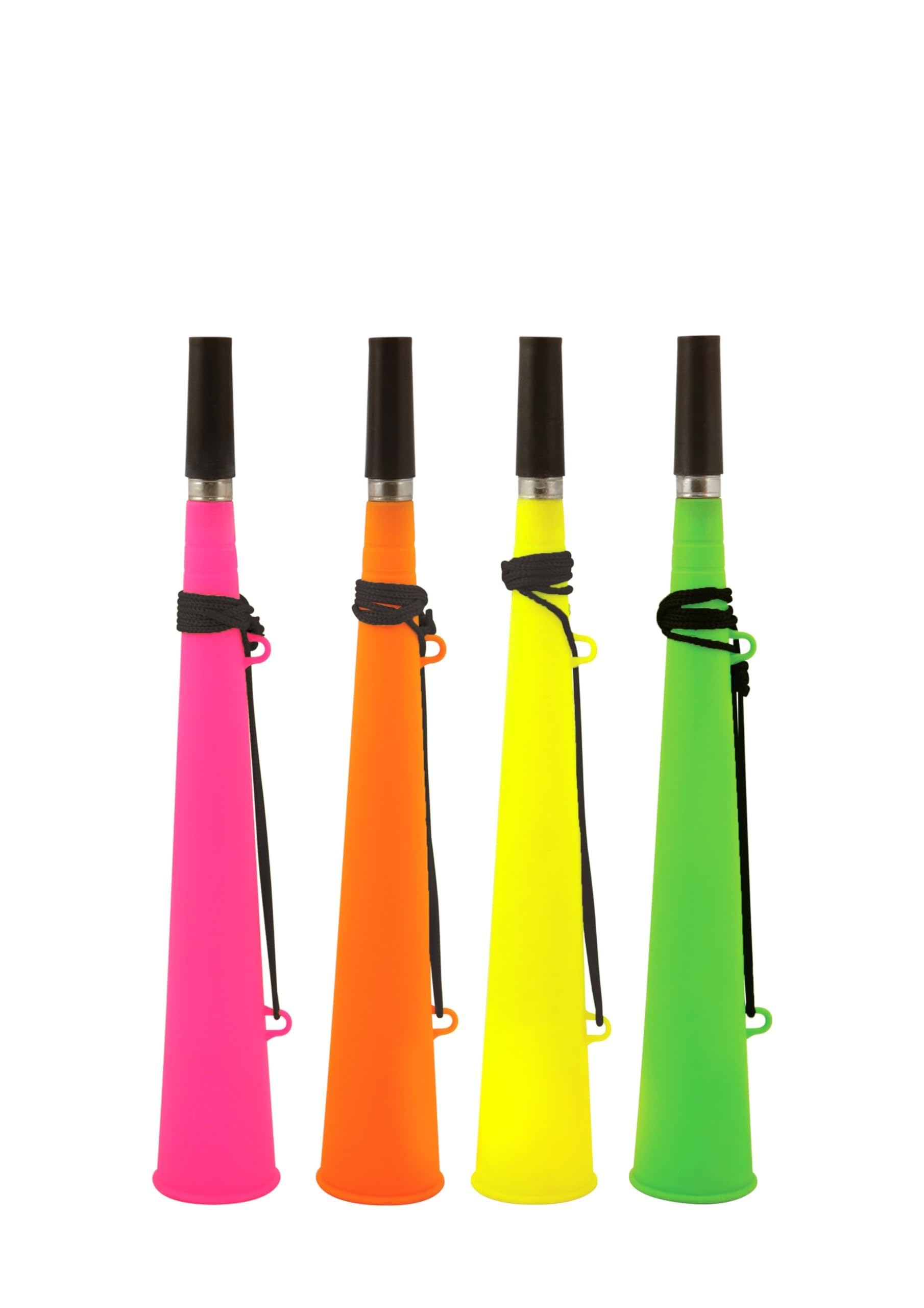 HENBRANDT 4 x Woofer Horns with String 37cm 4 Assorted Neon Colours - Party Noise Makers Carnival Rave Parade Celebration Event Fancy Dress Accessories