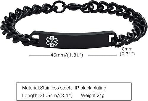 Miniatura 24 de VNOX Pulsera de identificación de alerta médica, pulsera de emergencia de acero inoxidable para hombre y mujer, 7.2/8/8.4 pulgadas *personaliza tu