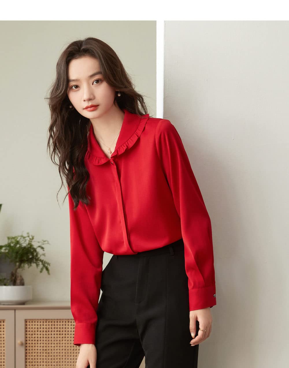 Langarmshirts Für Damen,Damen Puppenkragen Rüschen Shirt Rot Einfarbig Elegante Alltags Freizeit Bluse Langarm Button Down Blusen Lässige Tunika Tops