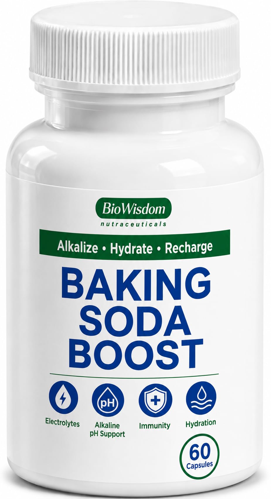 Baking Soda Boost Capsules for Alkalinity & Immunity – Organic Use Sodium Bicarbonate Aluminum Free Powder to pH Balance, Boost Alkalinity Non-Acid VIT C 60 Count