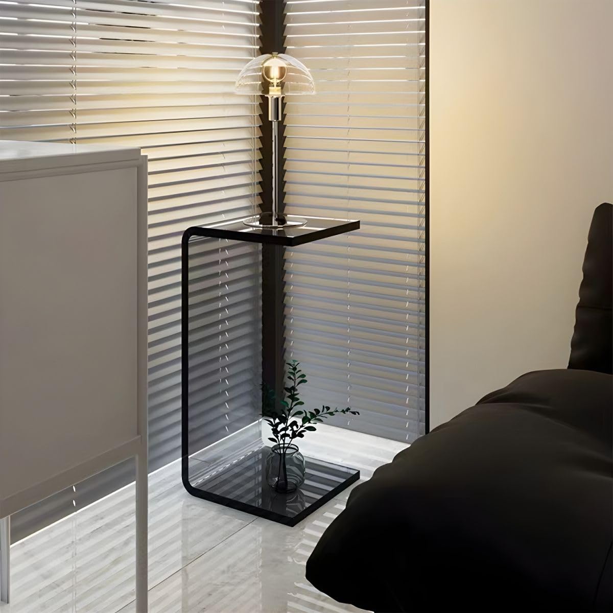 C-förmiger Acryl Beistelltisch transparent – Sofa Beistelltisch als Snacktisch auf Rollen, klein & platzsparend, feststellbare Rollen für Wohnzimmer, Schlafzimmer, Büro