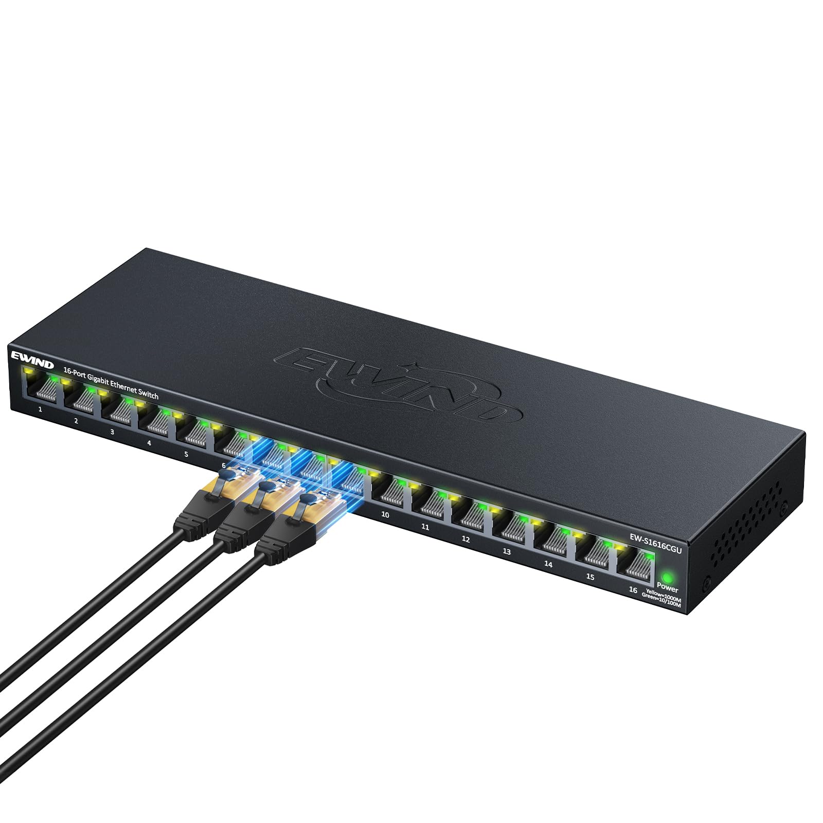 EWIND Commutateur Ethernet Gigabit 16 ports amélioré 2025 avec prévention des LED et des boucles, protection à vie, commutateur réseau non géré Plug & Play, silencieux sans ventilateur, répartiteur