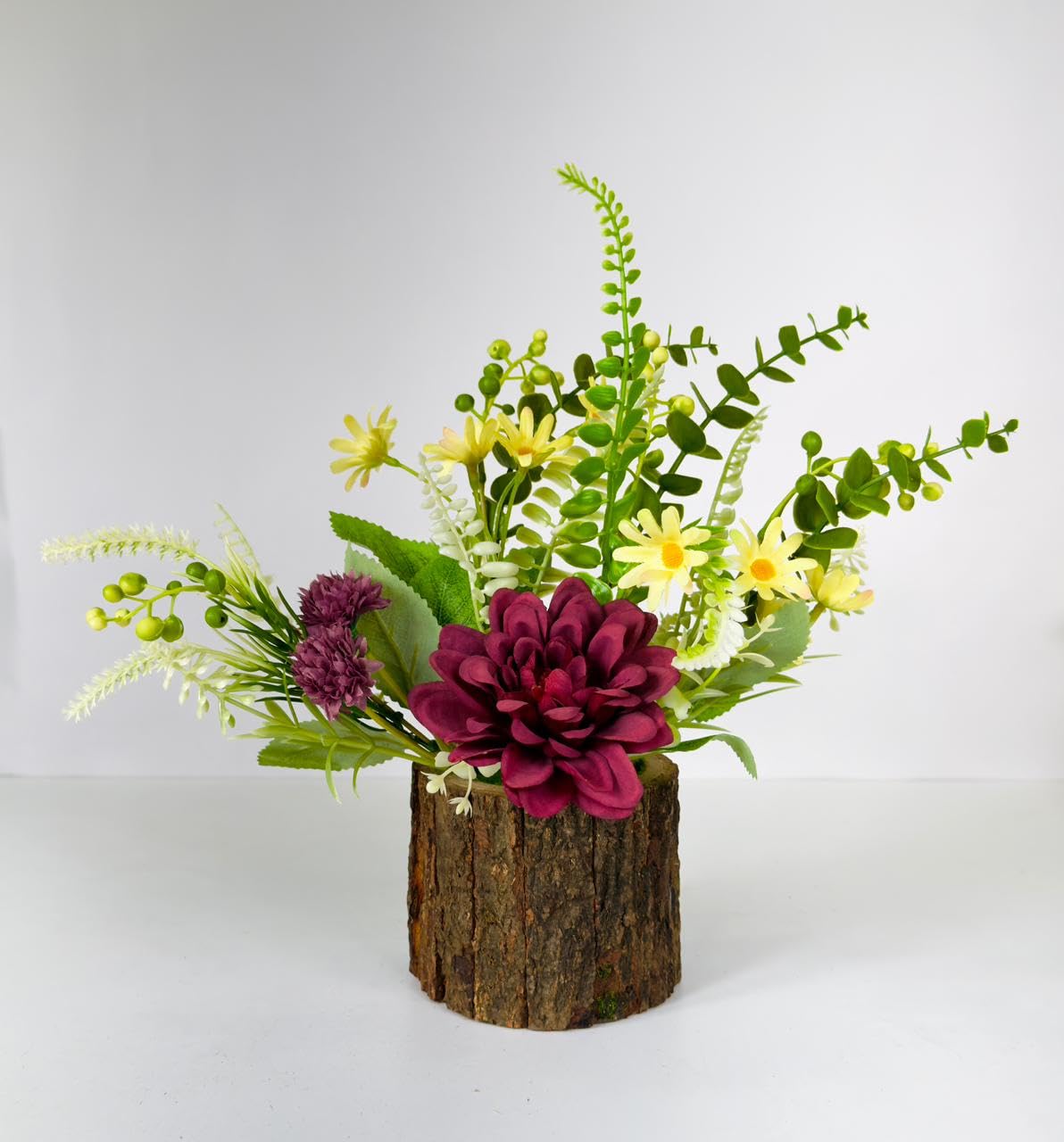 Dekorly 26cm Artificial Chrysanthemum Flower Arrangement – Burgundy & Yellow Blooms with Greenery in Rustic Wood-Style Pot | Lifelike Faux Floral Centerpiece for Home & Office Décor (Purple)