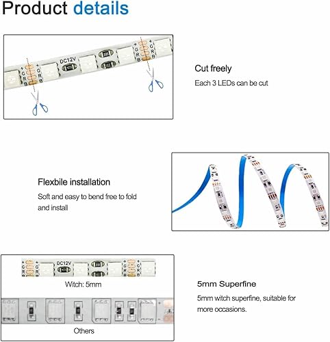 Miniatura 5 de Tira de luces LED RGB de 12 V, 0.197 in de ancho, tiras de luz ultra estrechas de 16.4 pies, SMD 3535 IP20, total de 600 LED, tiras de luz que