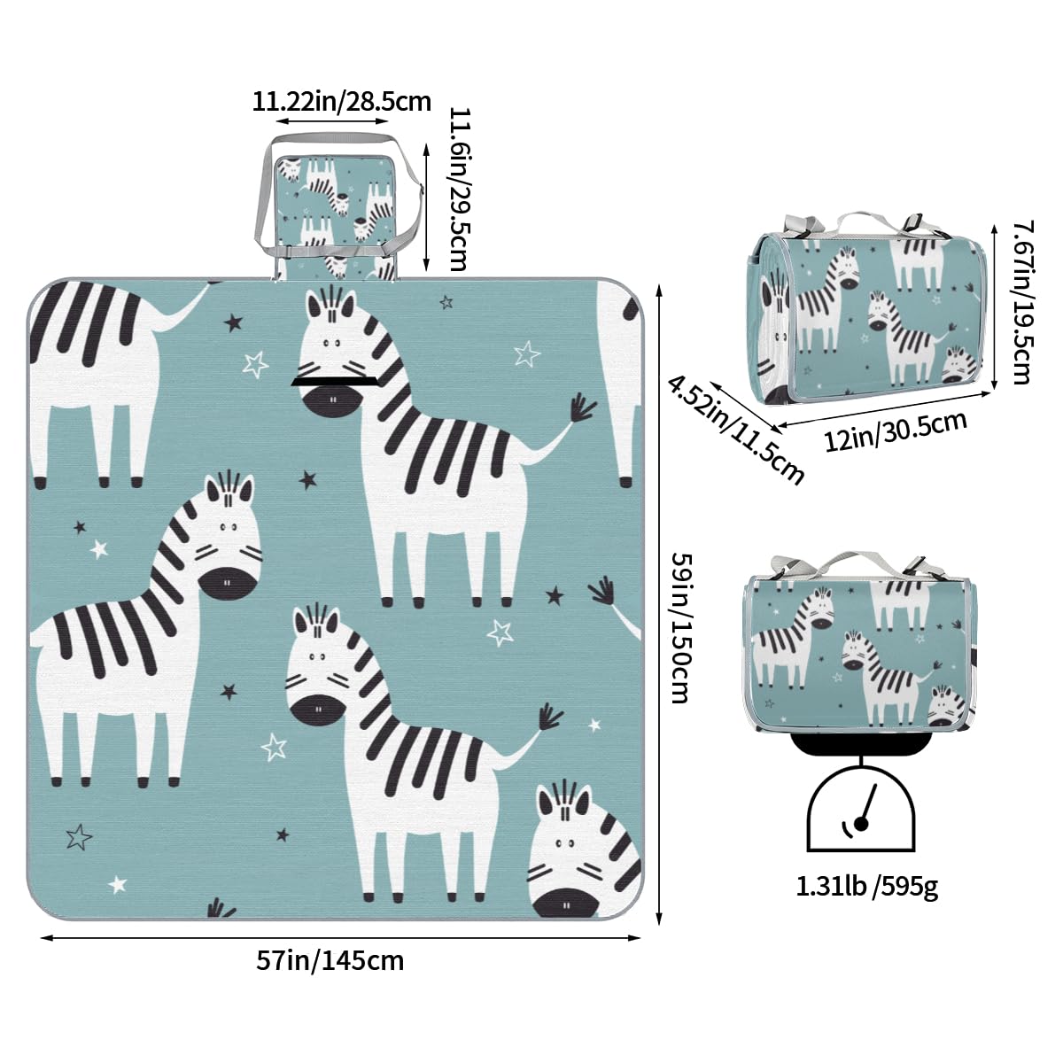 Shimoshe Picnic Blankets 57”x 59”, Cartoon Zebra Waterproof Sandproof Picnic Mat Lightweight Foldable Beach Blanket for Camping Park Grass Beach Outdoor Blanket