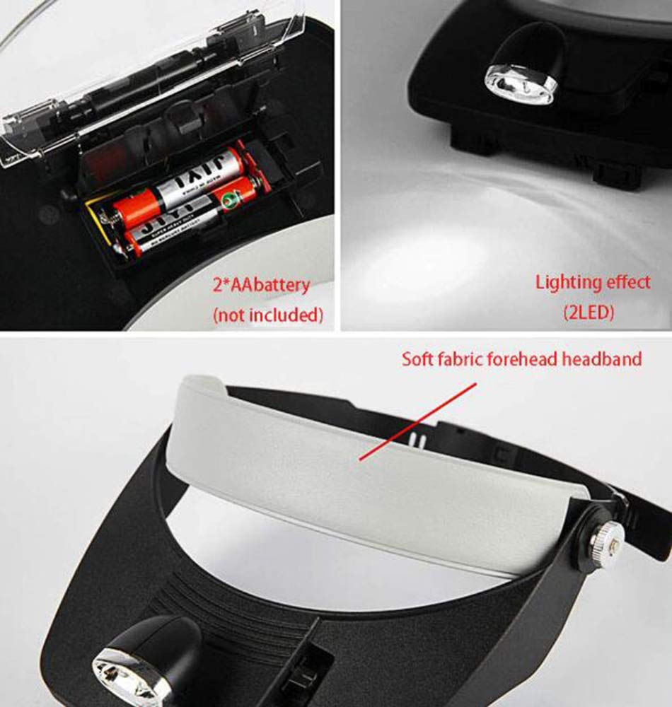 4 Linsen 1,2X, 1,8X, 2,5X, 3,5X Lupe, LED-Licht, Freisprech-Stirnband, Lupenlampe, Stirnband, Brille, Lupe, Lesebrille mit 2 LED-Leuchten, Brillen Magni (Farbe: A) charitable