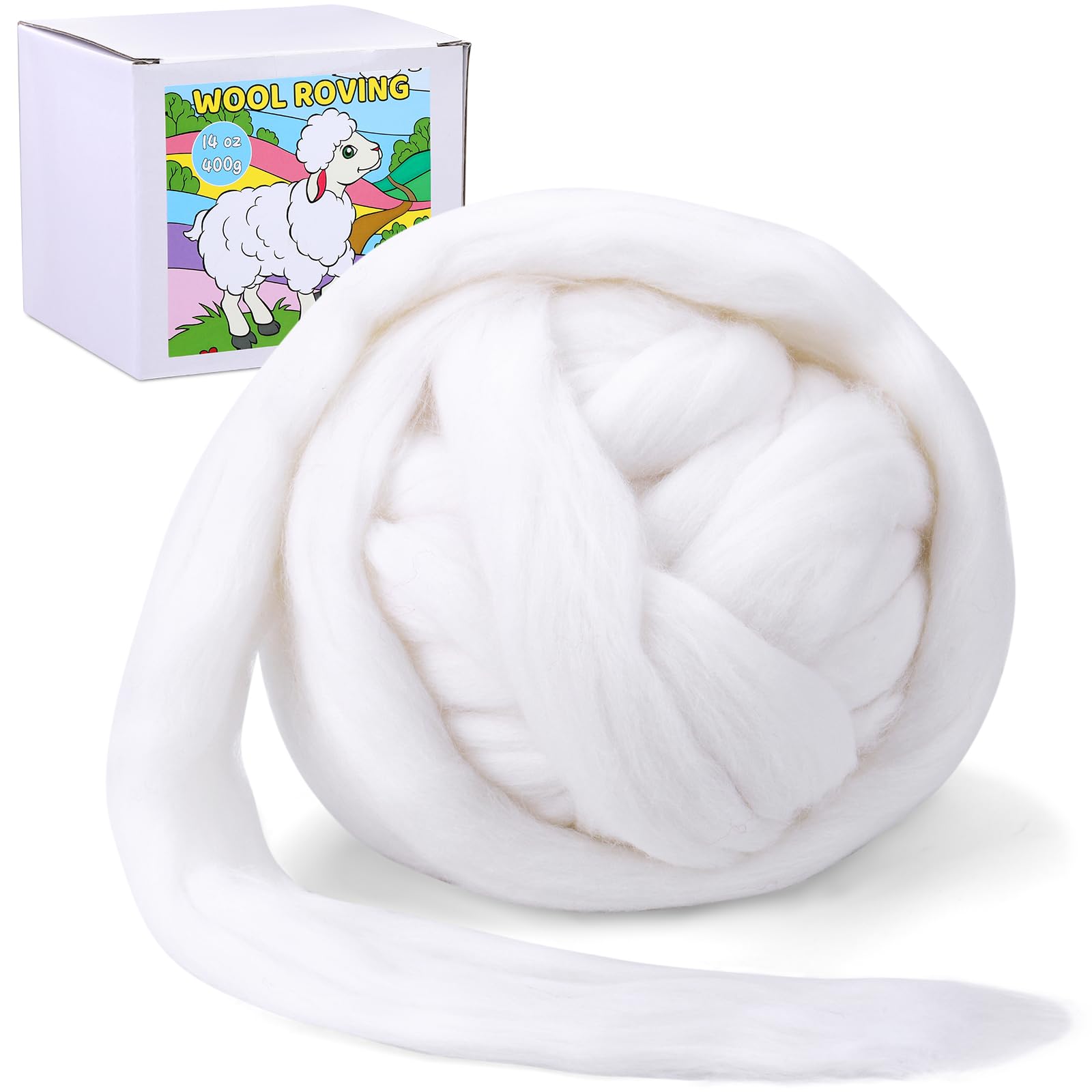 QMNNMA Wool Roving Bulk, 14.1oz White Needle Felting Wool, Wool Chunky Yarn