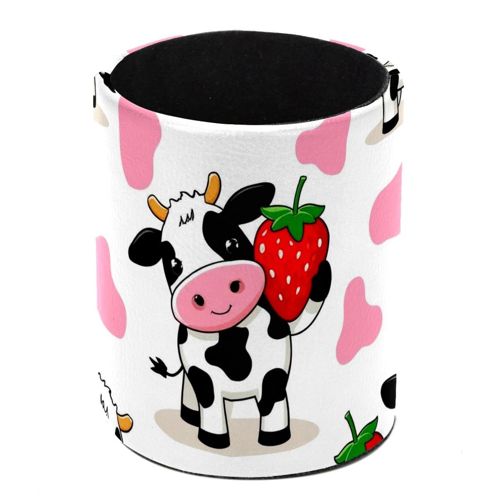 HEOEH Cow Strawberry Pen Holder for Desk, PU Leather Pencil Holder Pen Cup Marker Holder Makeup Brush Holders, Desk Accessories & Workspace Organizers for Home, Office