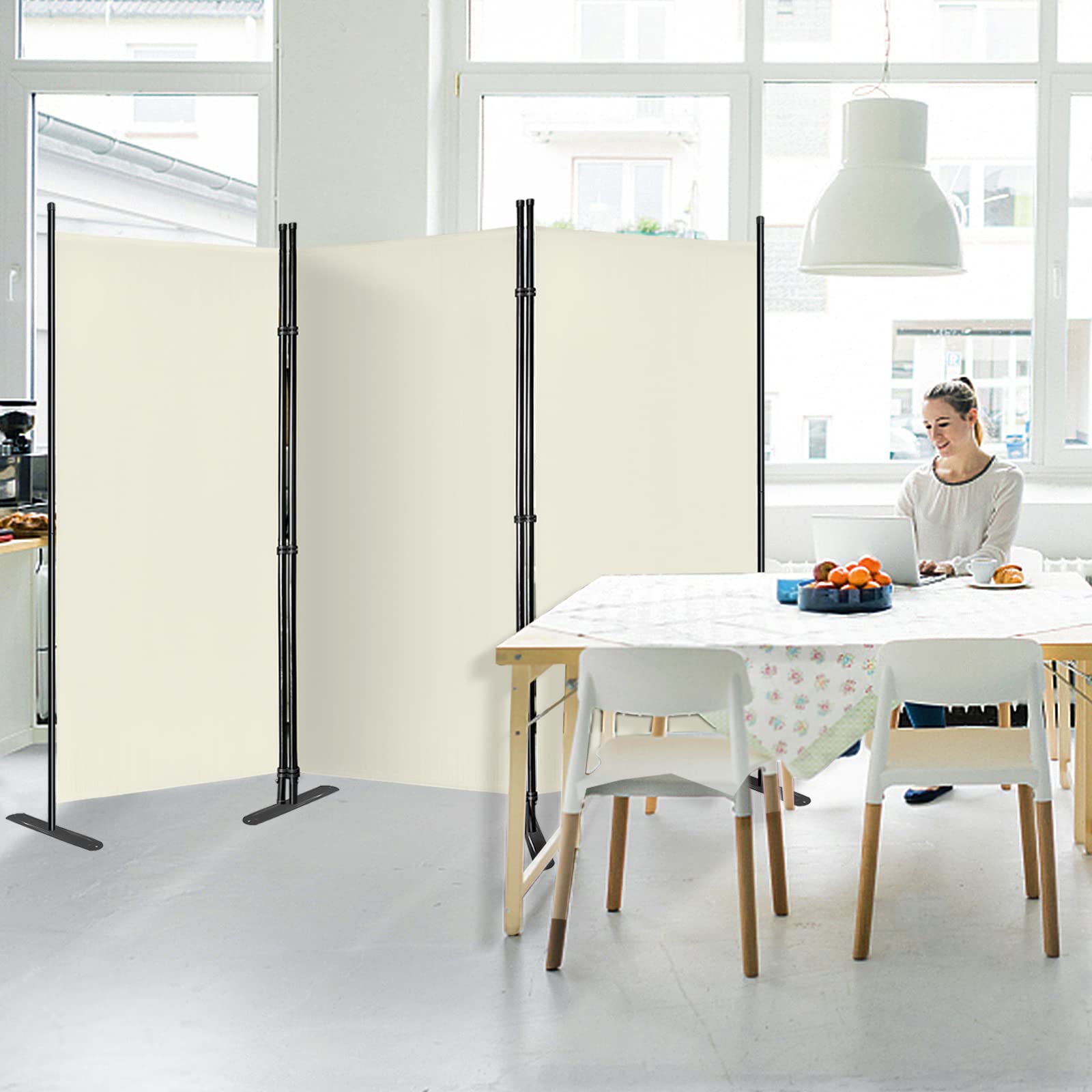 Froadp 275x180cm Paraventi Camera da Letto Pieghevole Paravento da Interno Separé Divisorio Schermi con Pioli e Nastri a piantana Guardaroba Privacy Pareti per Balconi e Patio (Beige)