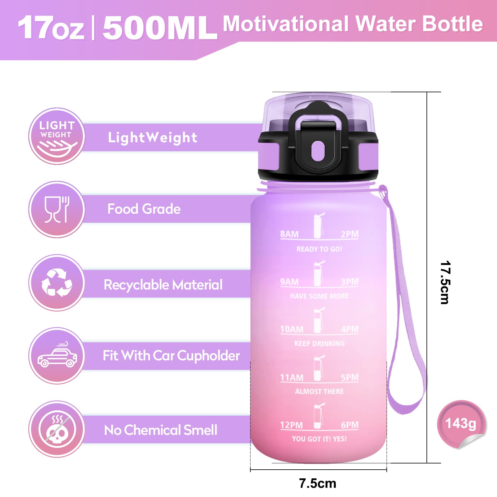 Borraccia 500ml, Bottiglia con Indicatore del Tempo Motivazionale, Bottiglia con Cannuccia, Riutilizzabile, Borraccia senza BPA, A Prova di Perdite, per Bambini, Scuola, Ufficio, Gym, Picnic