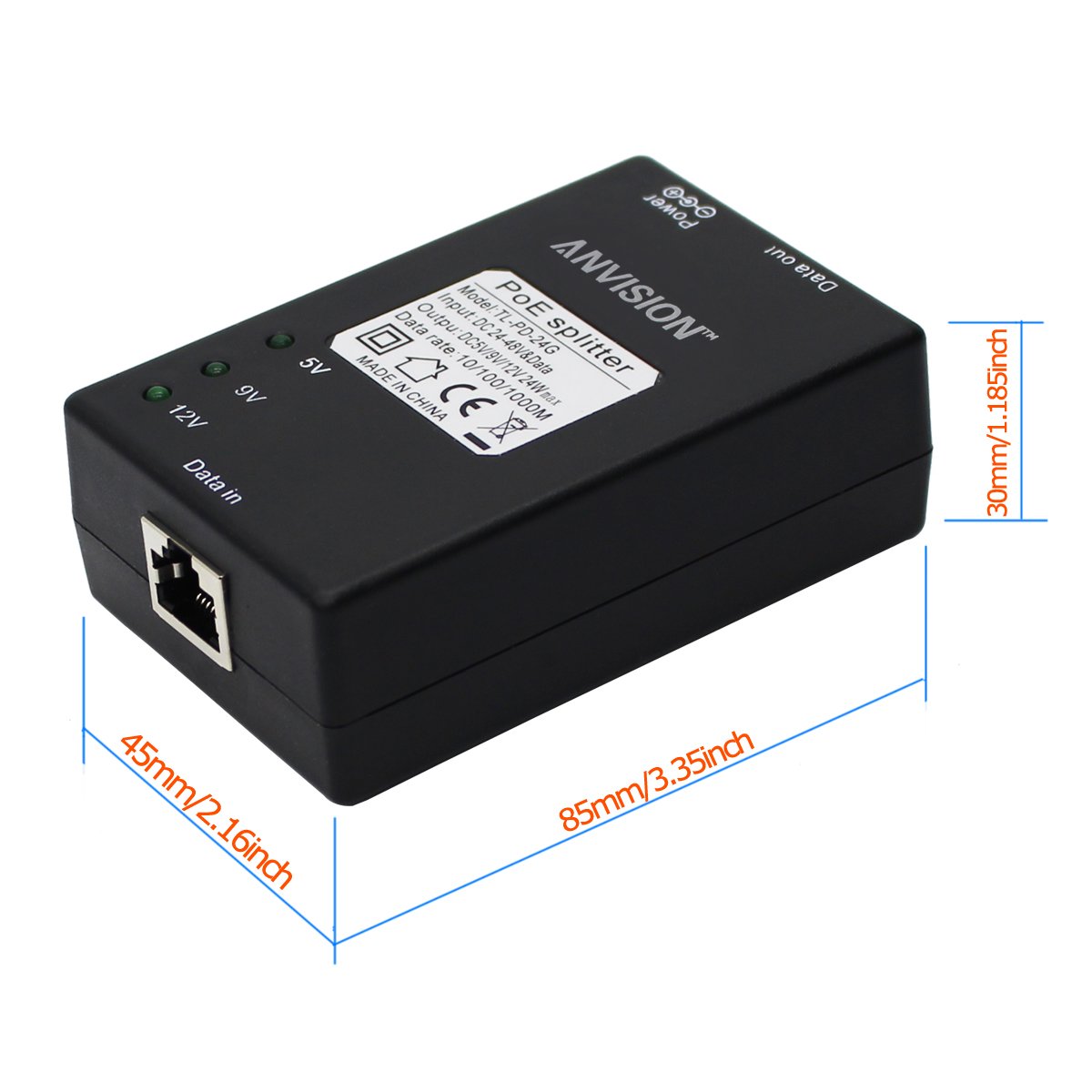 ANVISION Active Gigabit PoE Splitter Adattatore con punte multi-dimensione, 10/100 / 1000Mbps conforme IEEE 802.3af, uscita DC 5V 9V 12V per telecamera IP Wirelss AP Voip Phone