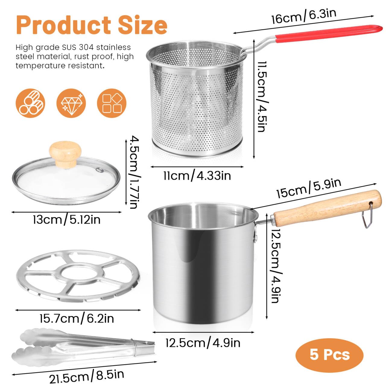 Huakaile 5 Pieces 45.7 oz/1.3 L 304 Stainless Steel Deep Fryer Pot with Basket and Lid & Tong, Wooden Handle Frying Pot with Strainer, Silver Frying Oil Container for Kitchen Chip Fish Shrimp (5)