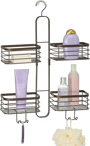 mDesign Organizador de ducha colgante de acero de metal, 4 cestas organizadoras para baño sostiene el cabezal de ducha de mano, manguera, champú,