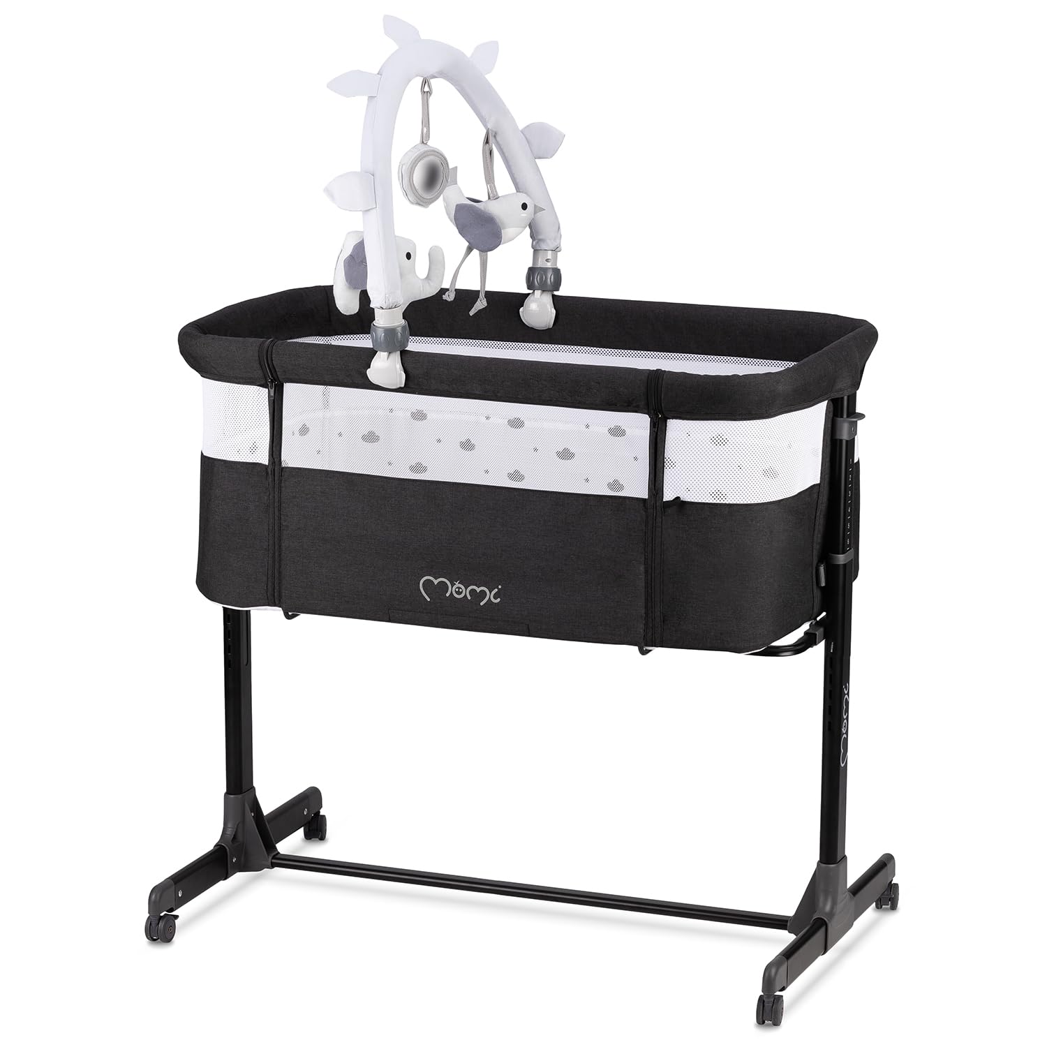 Momi REVO Lettino multifunzionale, con regolazione dell'altezza su 6 livelli da 72 a 82 cm, con rotelle, materassino incluso, cinghie di fissaggio, zanzariera e barra giochi