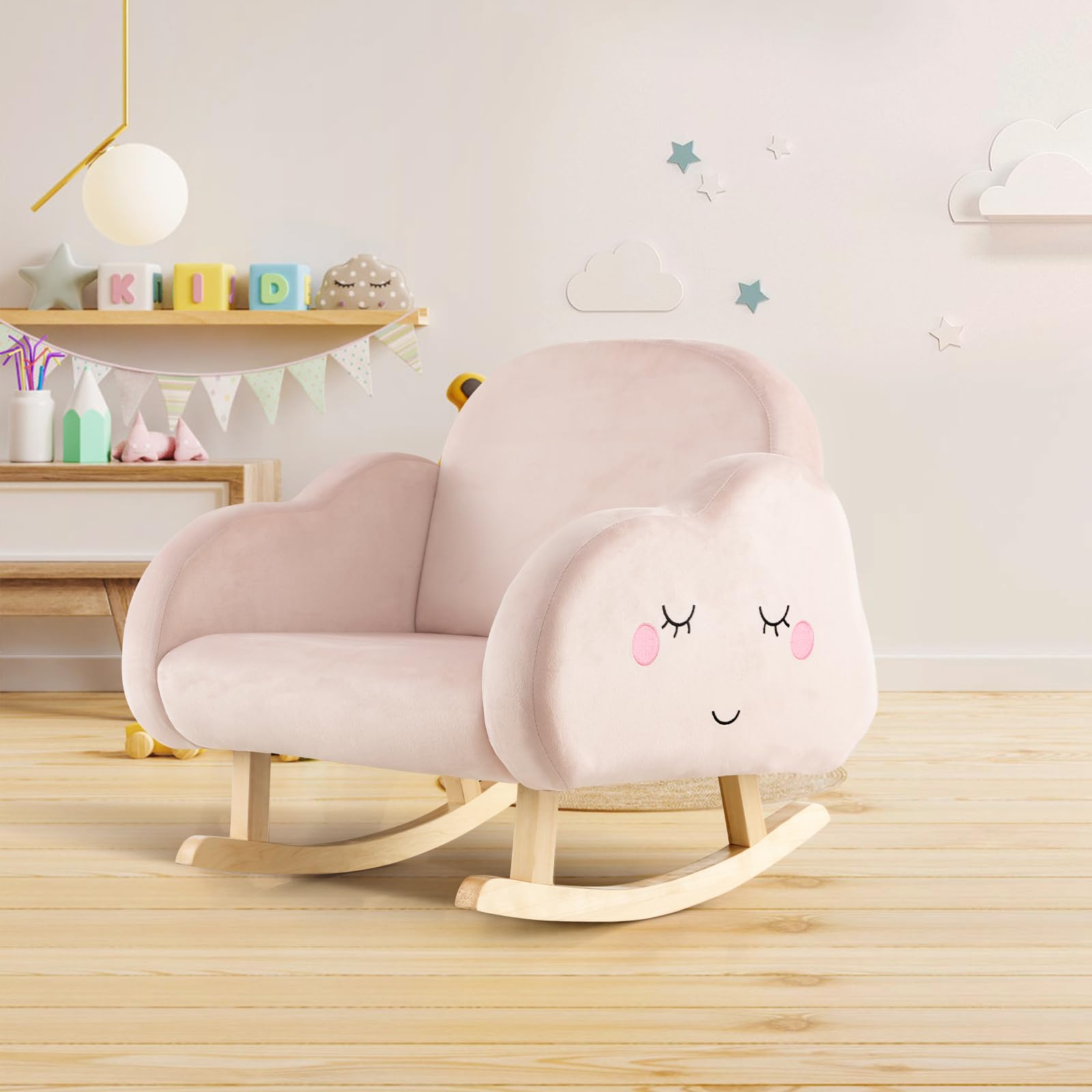 LIFEZEAL Sedia, Poltrona a Dondolo per Bambini 3-5 Anni, con Branccioli, Schienale Ergonomico, Piedini in Legno Massello, Imbottito con Spugna, Anticollisione, Cameretta, Max 50kg (rosa in velluto)