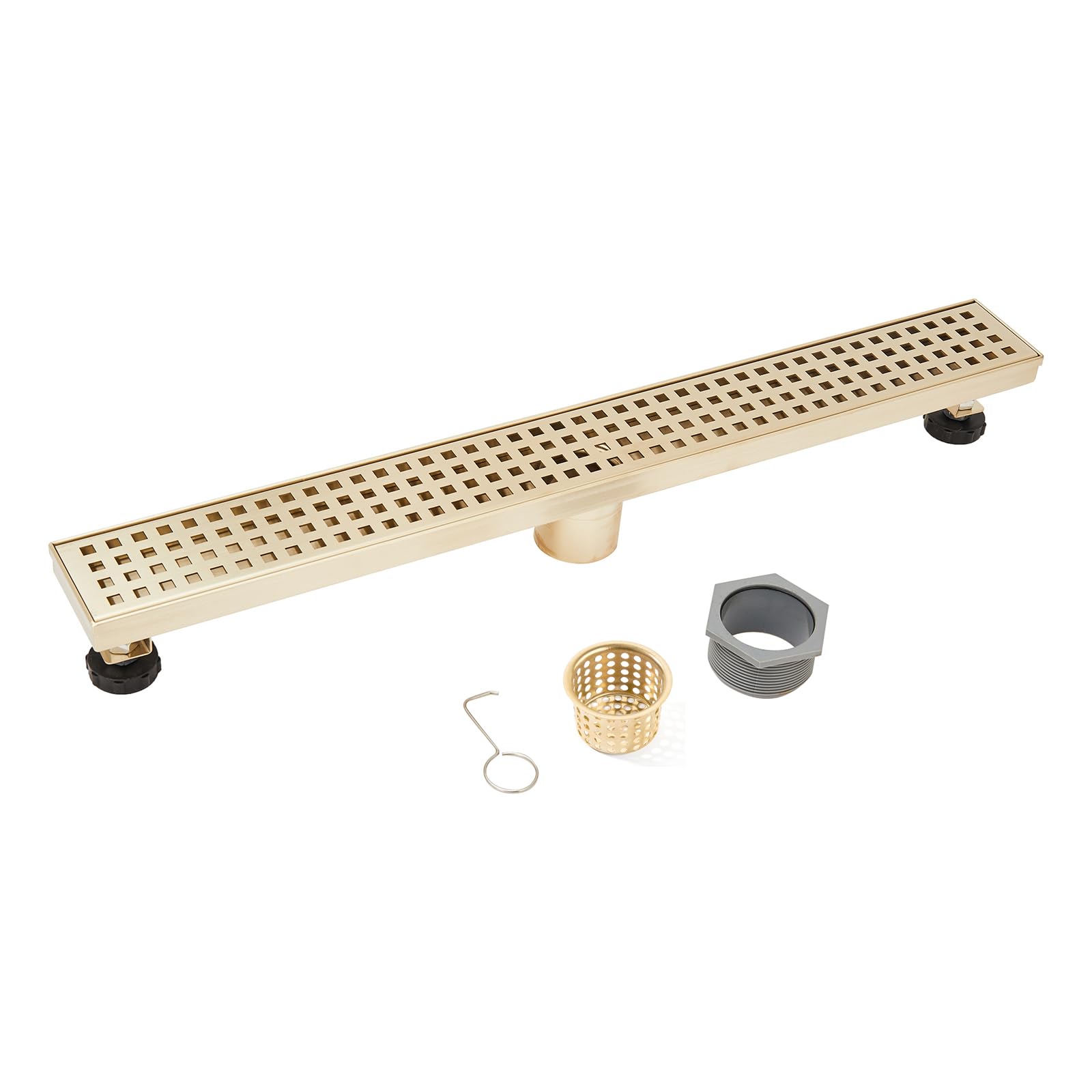 24 Inch Square Shower Drain with Removable Bars Pattern Grate Brushed 304 Stainless Steel Shower Floor Drain Includes Hair Trap Strainer Brushed Gold Grid